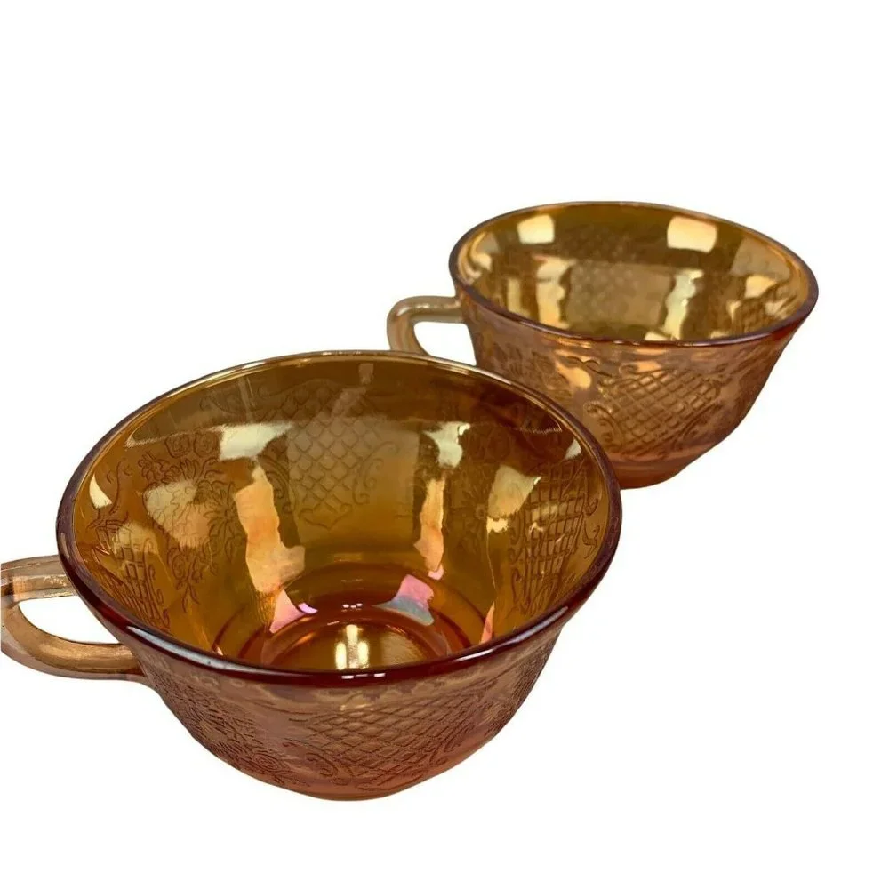 Vintage Iridescent Orange Pressed Glass Teacups Set of 4 Floral 7 oz Cottagecore